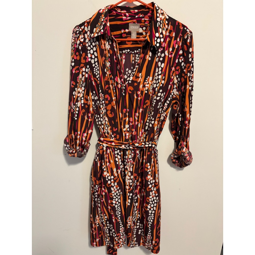 Chico's Abstract Geometric Print Belted Shirt Dress Orange Pink Brown Size 2 (L)